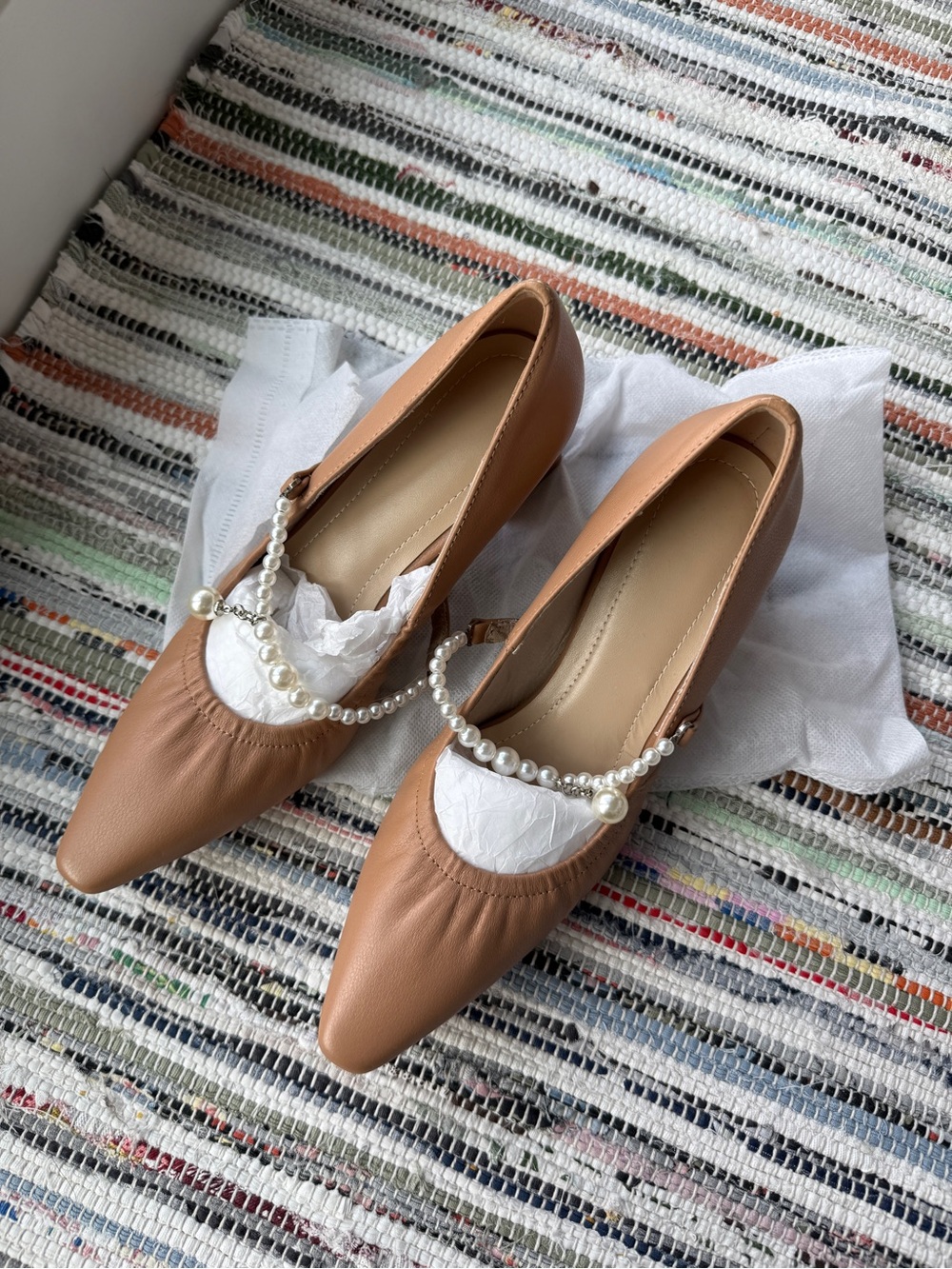 Pearl-Strap Pointed Toe Flats in Tan